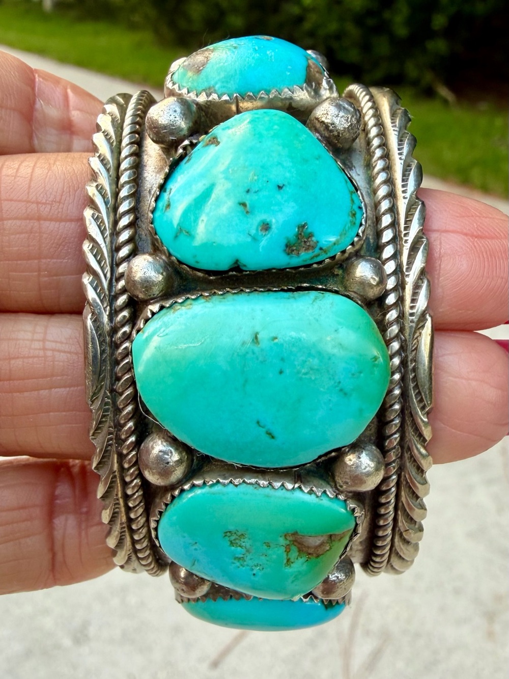 Genuine 7 Turquoise Stones & Silver Silver Cuff Bracelet - Artist Stamped- DM